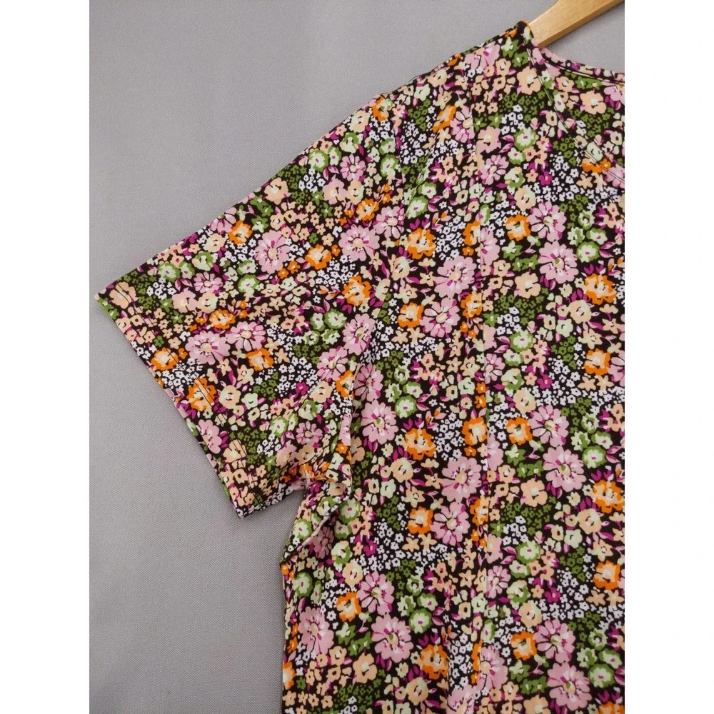 Denim & Co Henley Top Women XL Multi Floral Short Sleeve Knit Button Front